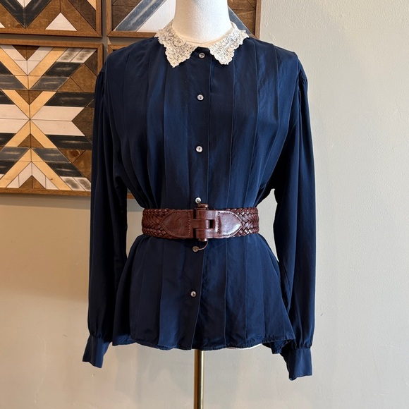 Ralph Lauren Tops - Vintage Ralph Lauren Navy Pleated Button Down Shirt with Lace Collar